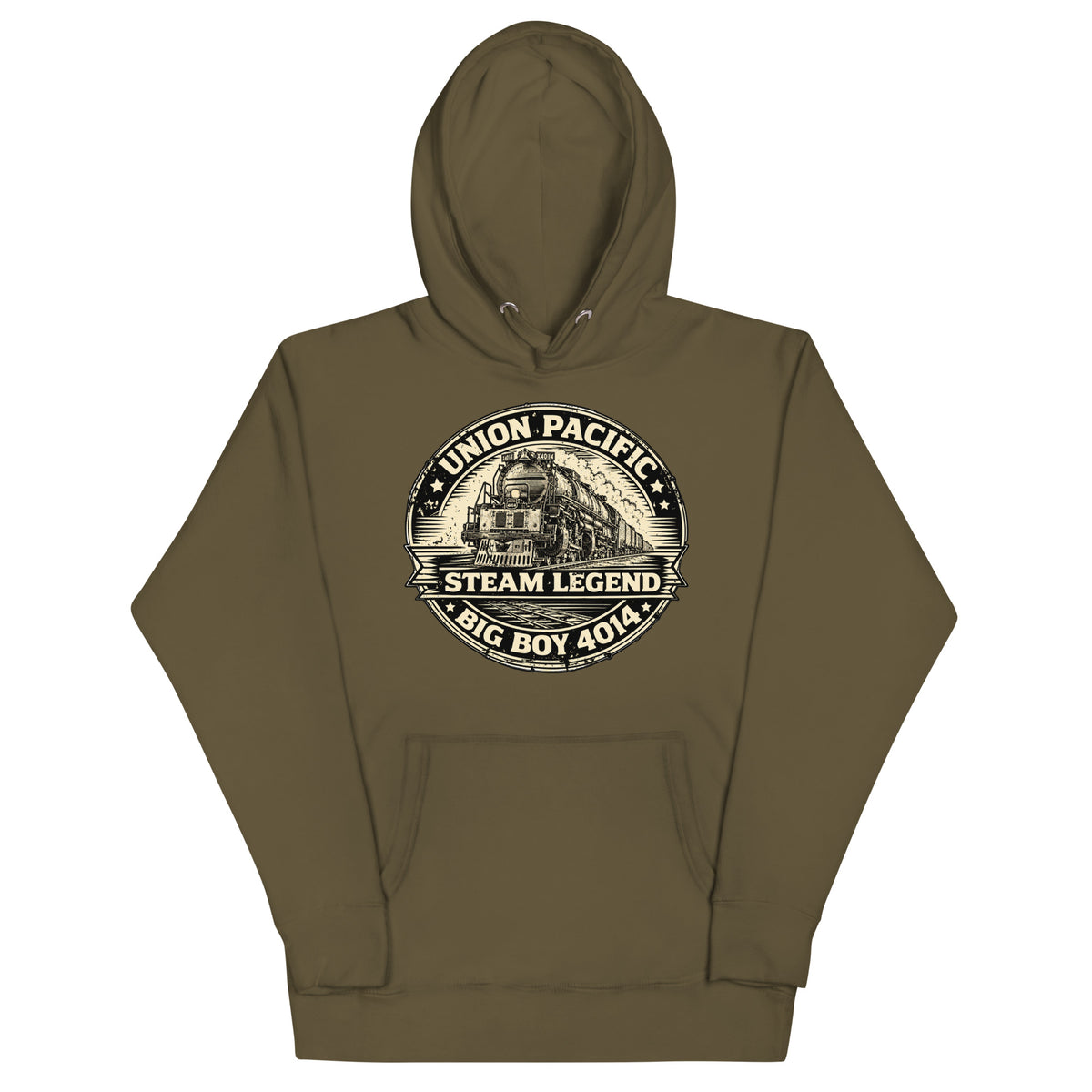 Steam Legend Premium Hoodie in Military Green, front-view railroad-inspired artwork