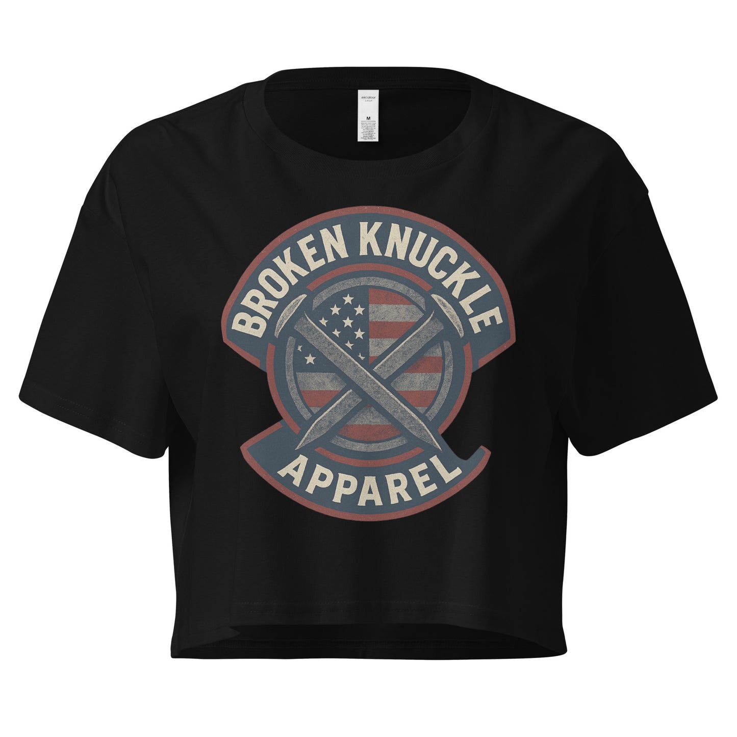 Black t-shirt with 'Broken Knuckle Apparel' logo on a white background