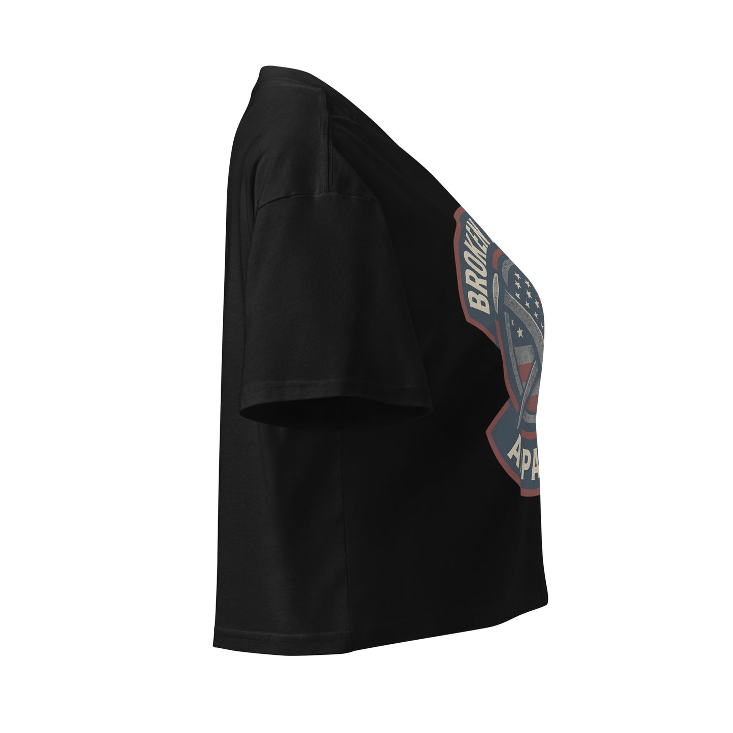 Black t-shirt with a logo on the sleeve against a white background