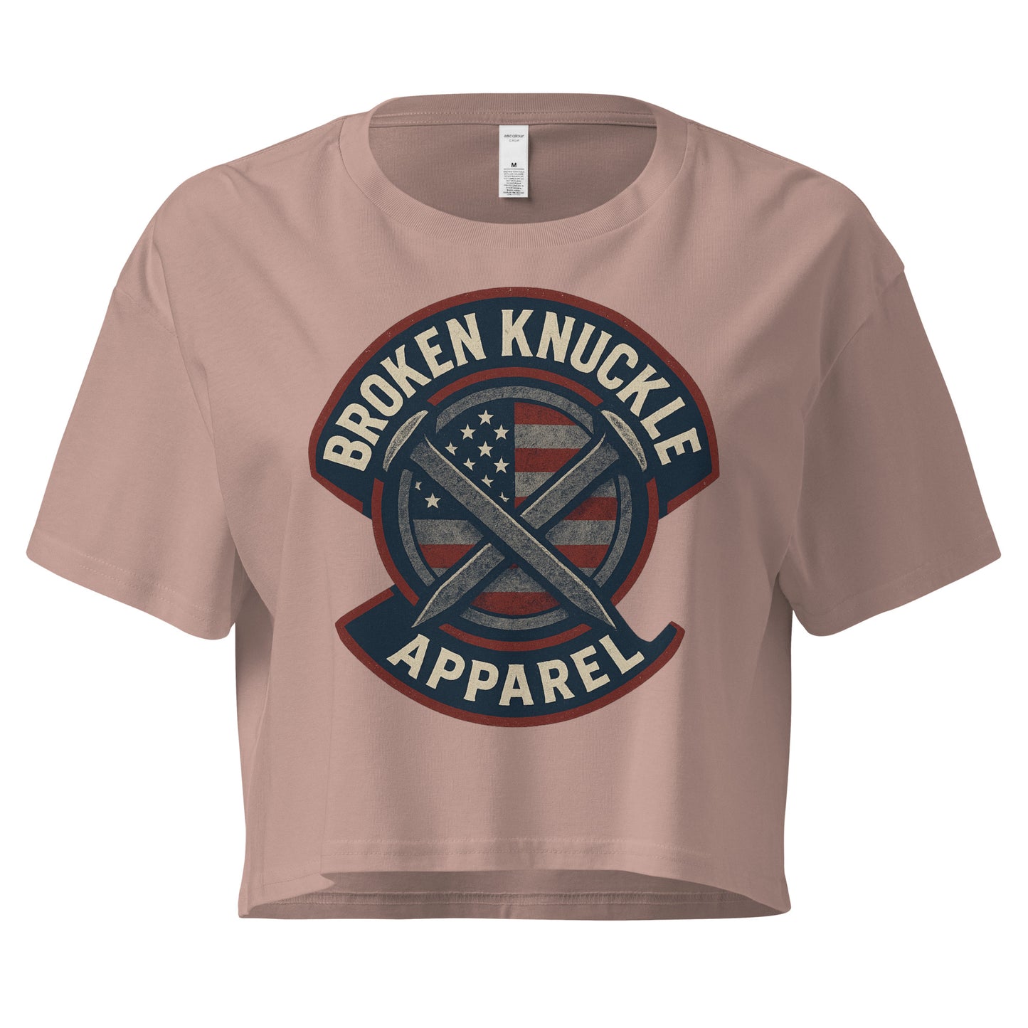 Brown crop top with 'Broken Knuckle Apparel' graphic design on a white background