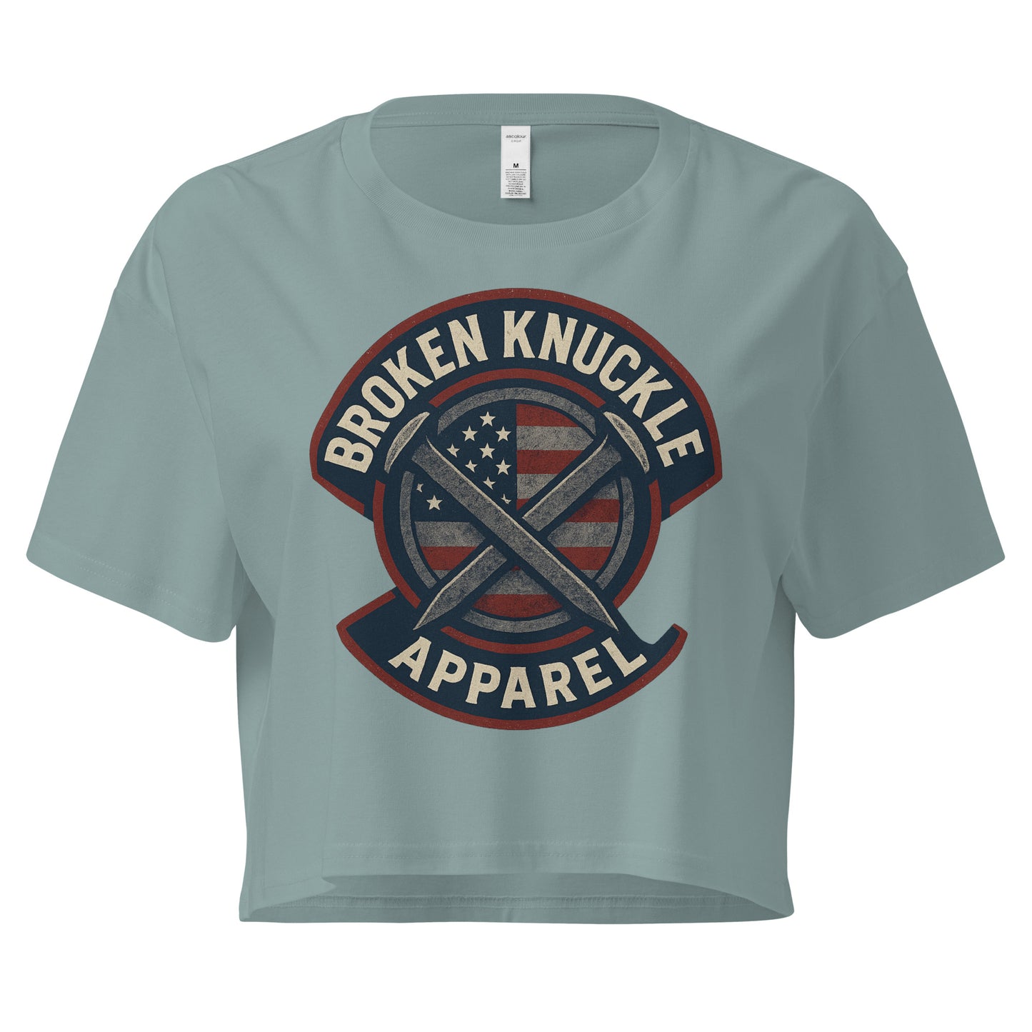 Light blue t-shirt with 'Broken Knuckle Apparel' graphic on a white background