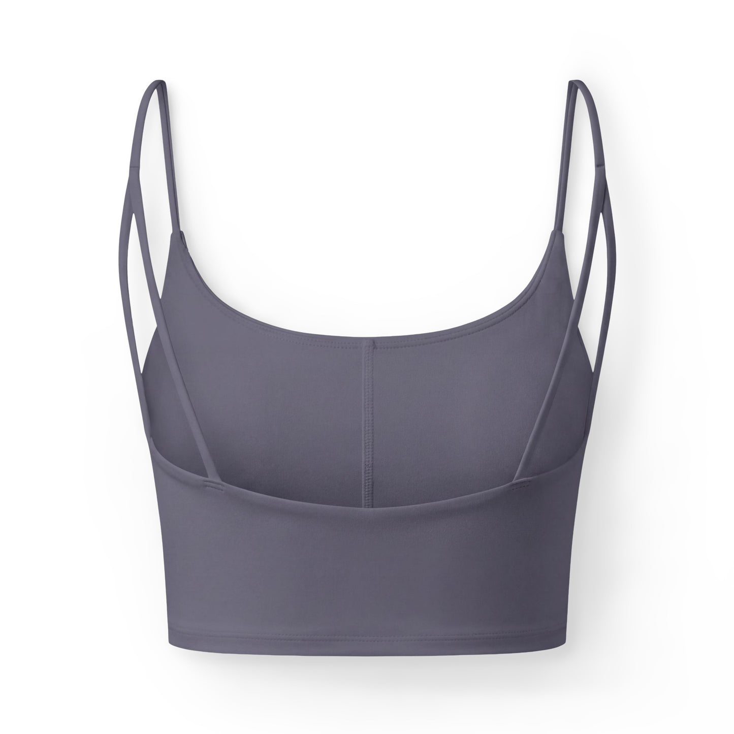 Gray women's luxe sports bra with thin double shoulder straps. The lower right side features a gold graphic of a front-facing steam locomotive above the text "4014 TOUR 2026".
