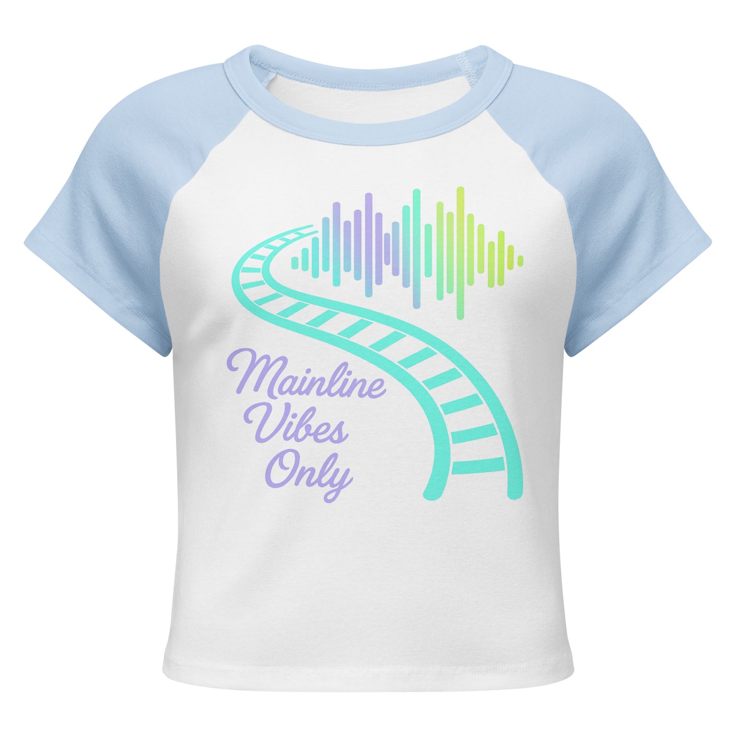 White and light blue baseball shirt with rainbow sound wave design and text on a white background