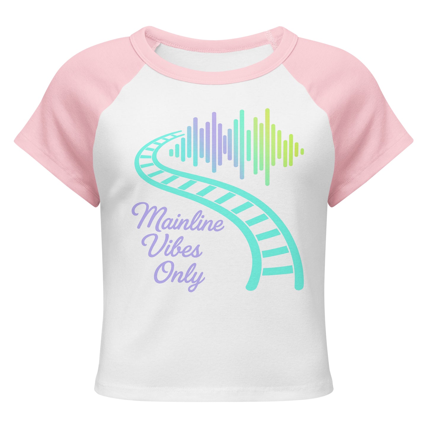 White and pink baseball shirt with rainbow sound wave design and text on a white background