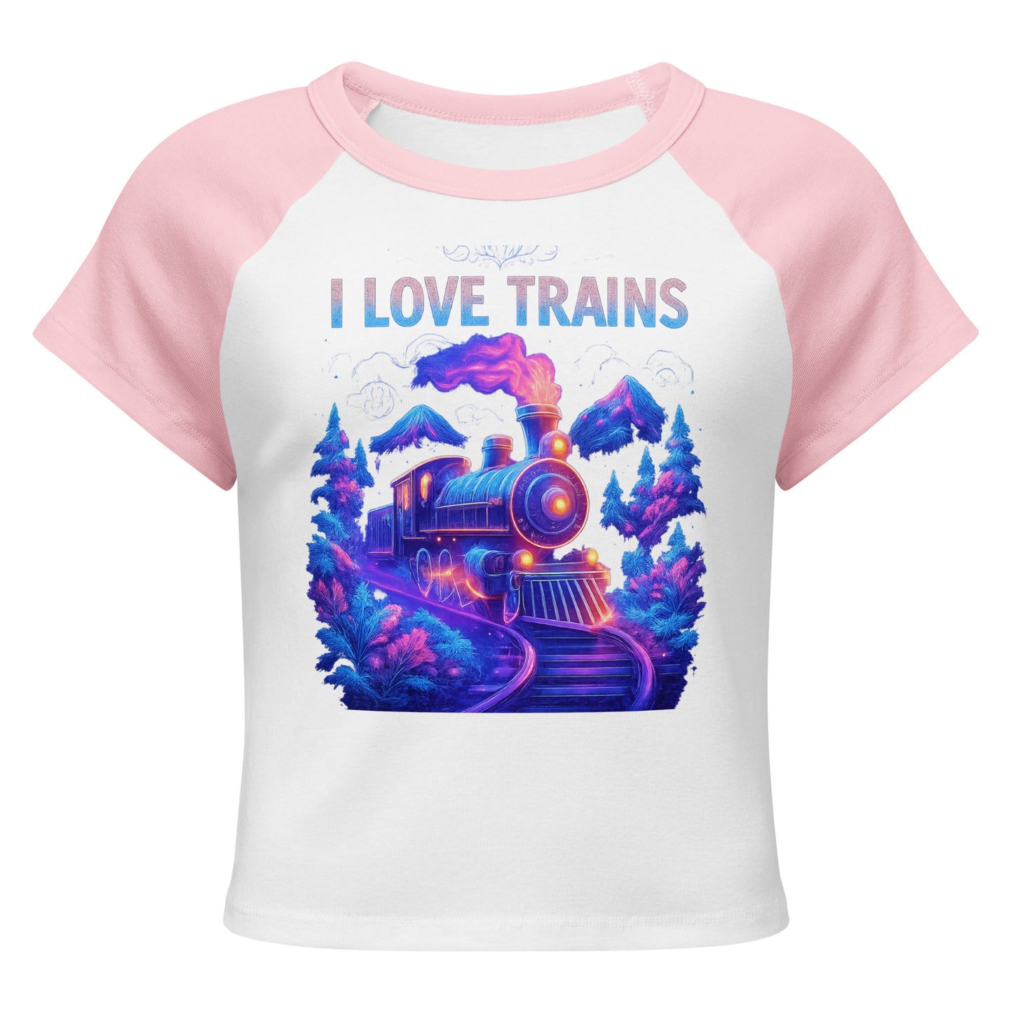 ladies t-shirt with pink sleeves and 'I Love Trains' design on a white background