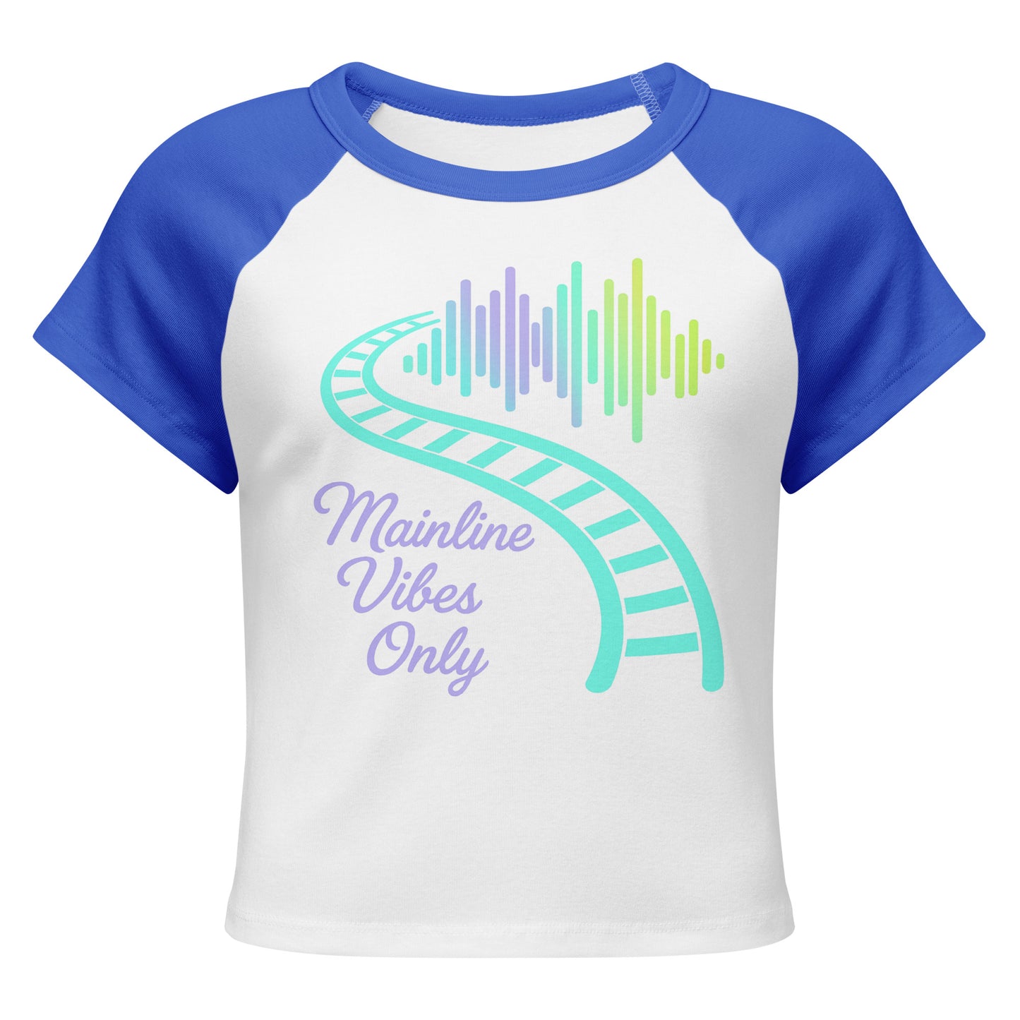 White and blue baseball shirt with colorful sound wave design and text on a white background
