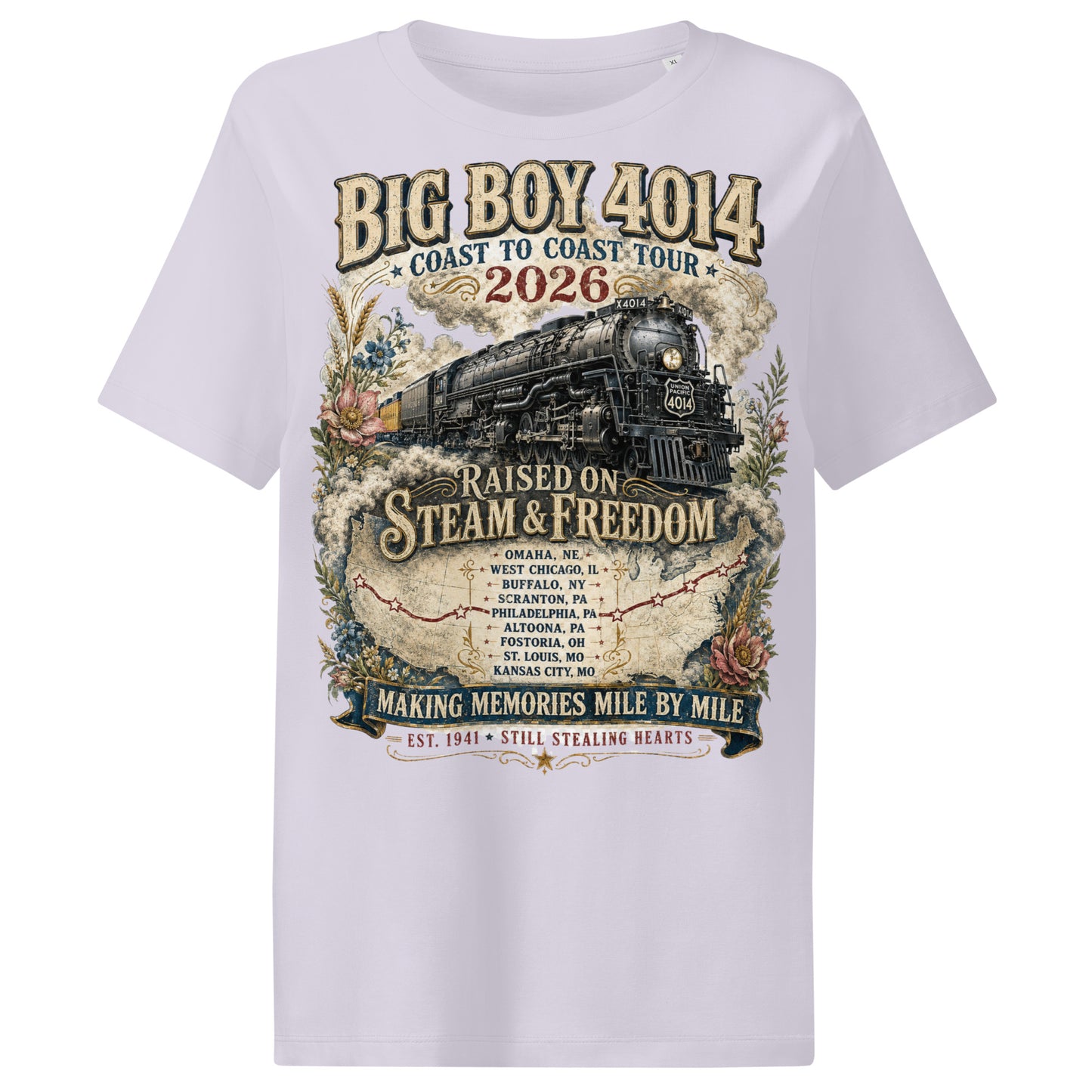 White t-shirt with steam locomotive graphic and text on a white background