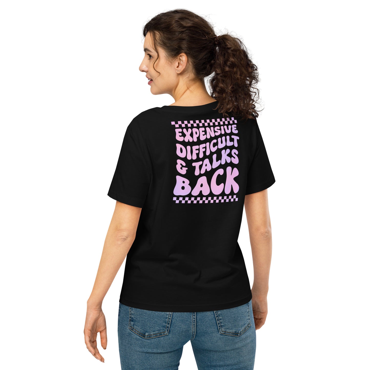 "Railroad Wifey double-sided black t-shirt – front design with Railroad Wifey script in pink and purple, back design with bold text 'Expensive, Difficult & Talks Back' in purple."