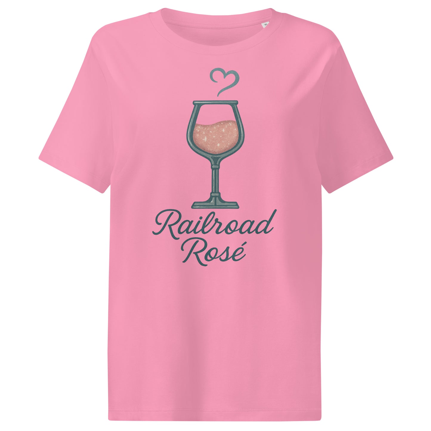 Pink t-shirt with 'Railroad Rosé' design on a white background
