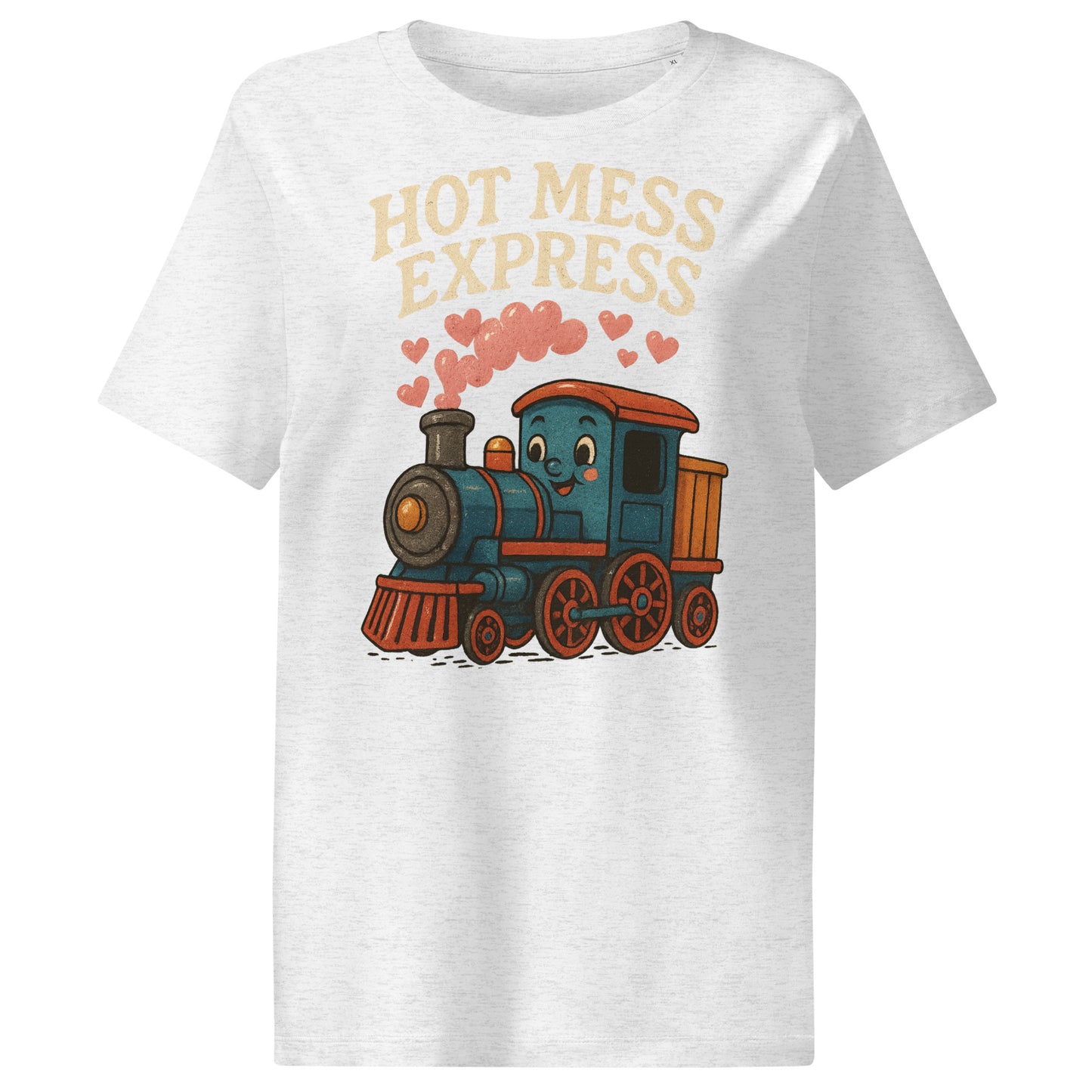 White t-shirt with a cartoon train and 'Hot Mess Express' text on a white background