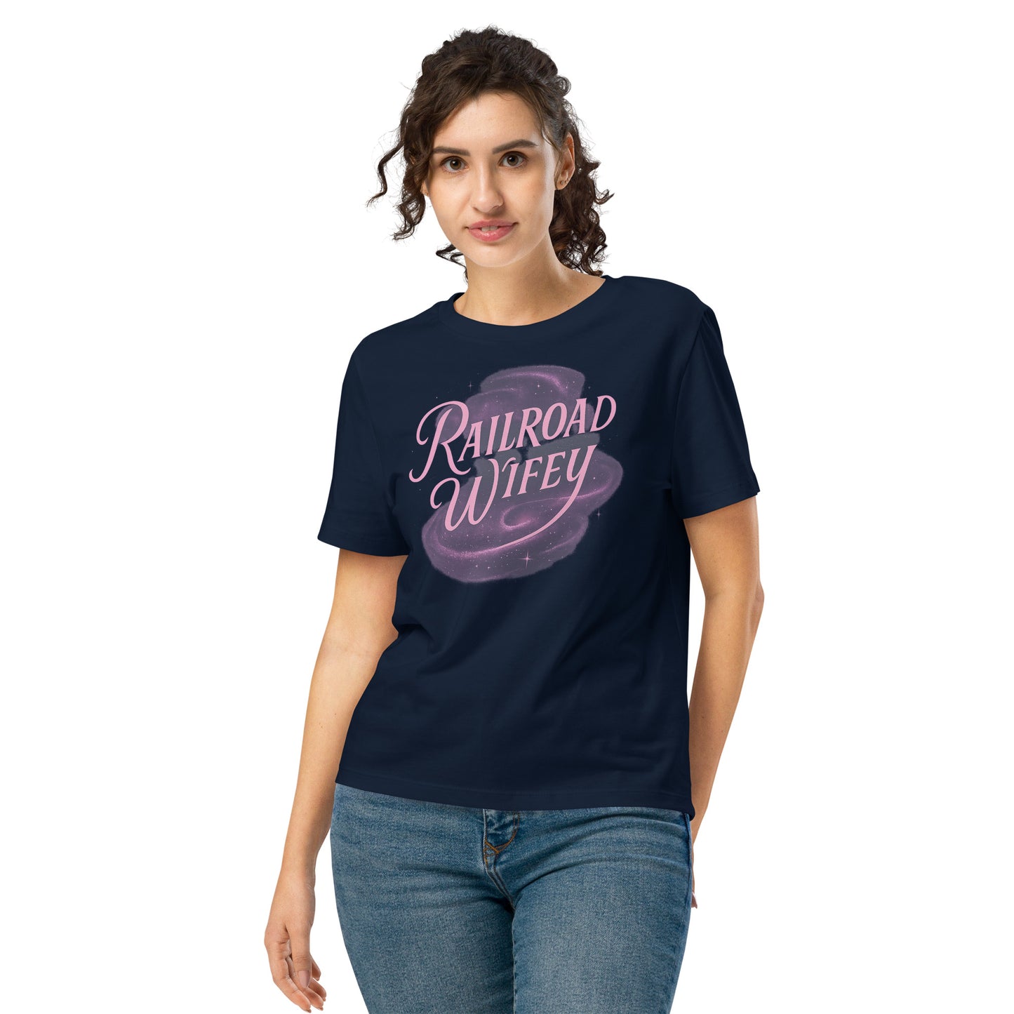 "Railroad Wifey double-sided navy t-shirt – front design with Railroad Wifey script in pink and purple, back design with bold text 'Expensive, Difficult & Talks Back' in purple."