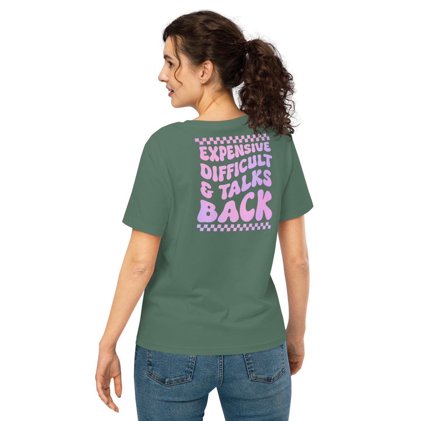"Railroad Wifey double-sided green t-shirt – front design with Railroad Wifey script in pink and purple, back design with bold text 'Expensive, Difficult & Talks Back' in purple."