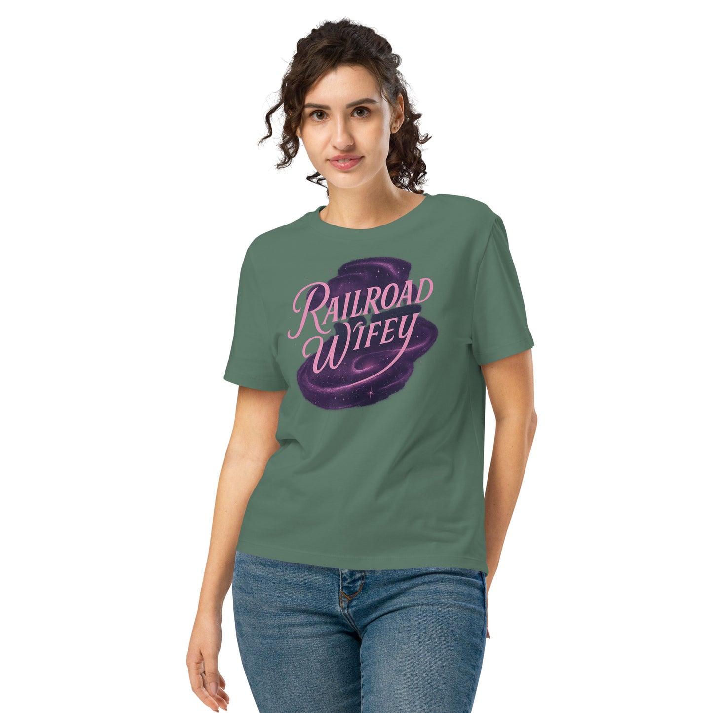 "Railroad Wifey double-sided green t-shirt – front design with Railroad Wifey script in pink and purple, back design with bold text 'Expensive, Difficult & Talks Back' in purple."