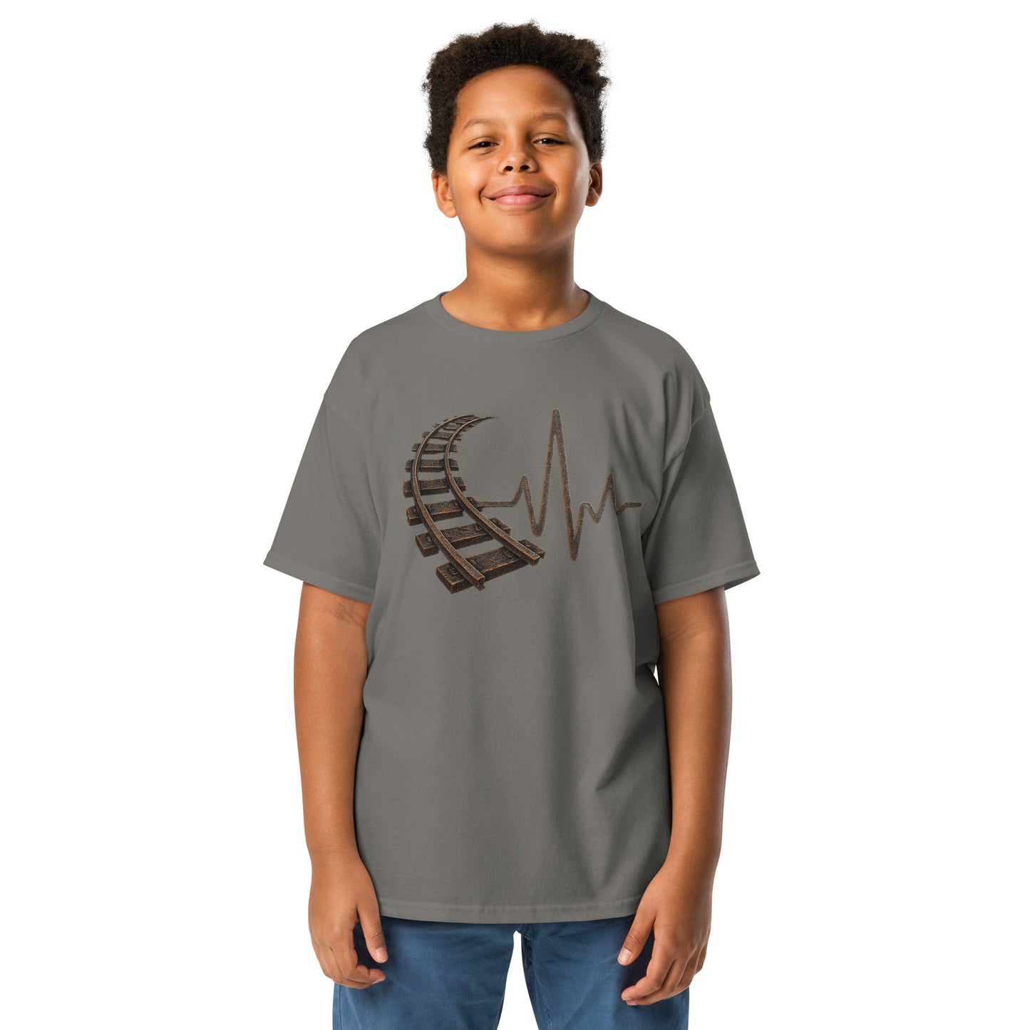 Child wearing a gray t-shirt with a unique design on a white background