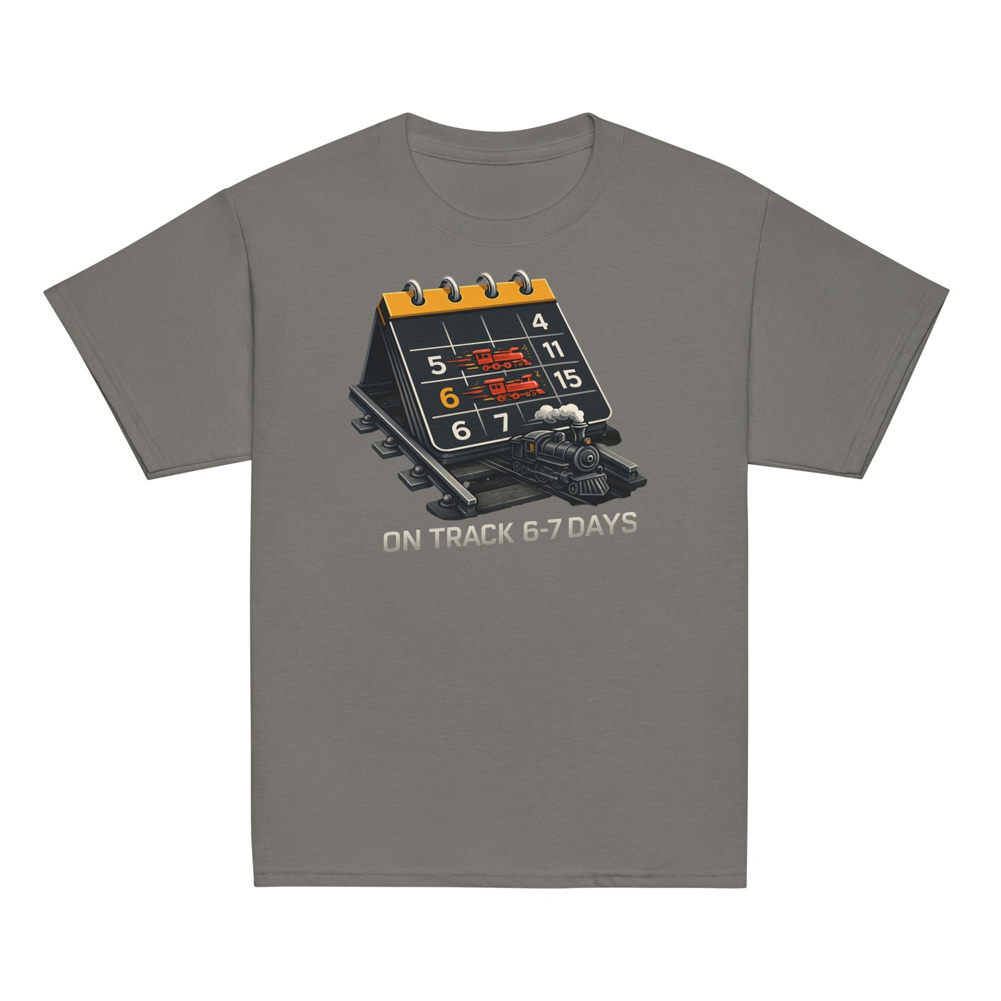 Gray t-shirt with a train and calendar graphic on a white background