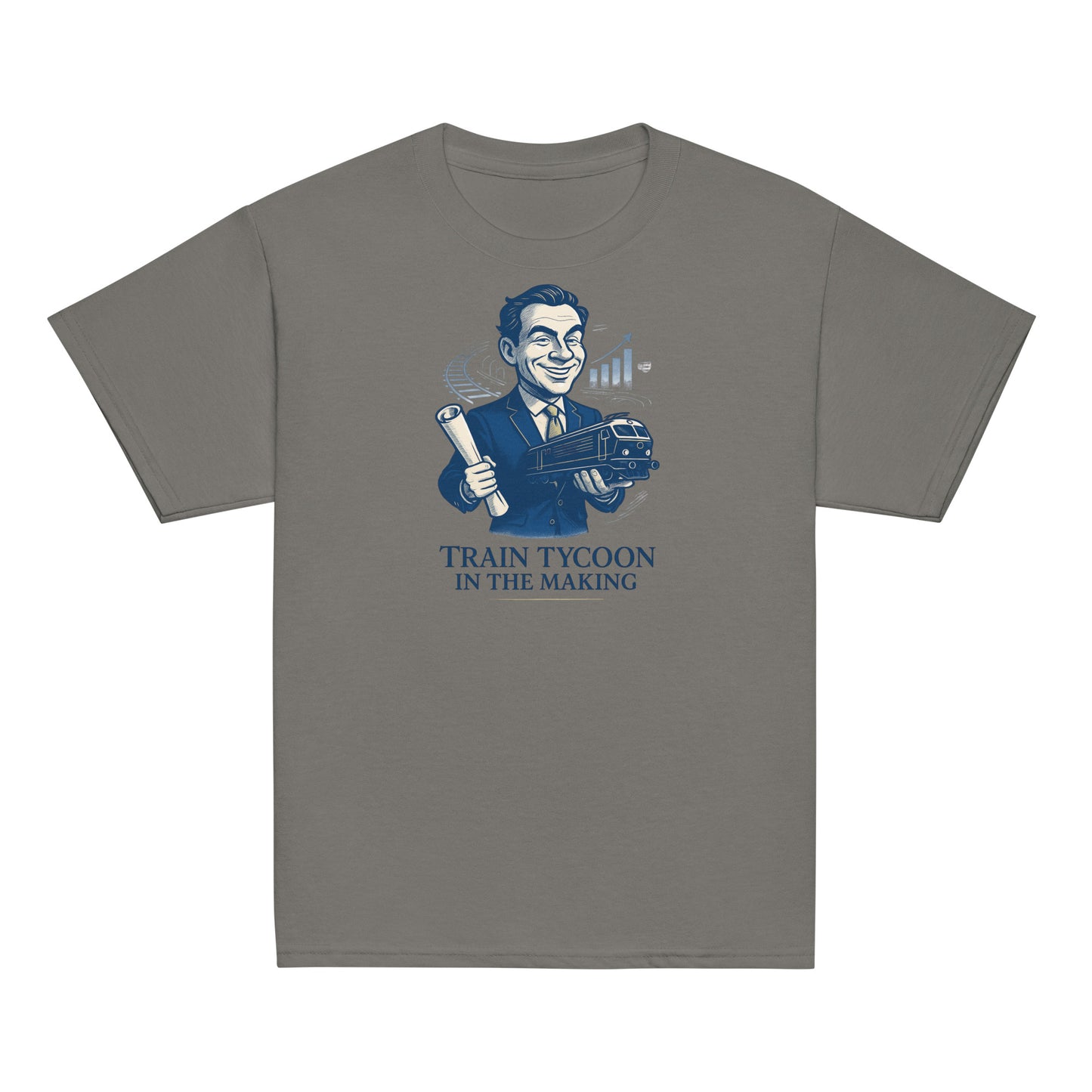 Gray t-shirt with a graphic of a man in a suit holding a train and text 'Train Tycoon in the Making' on a white background.