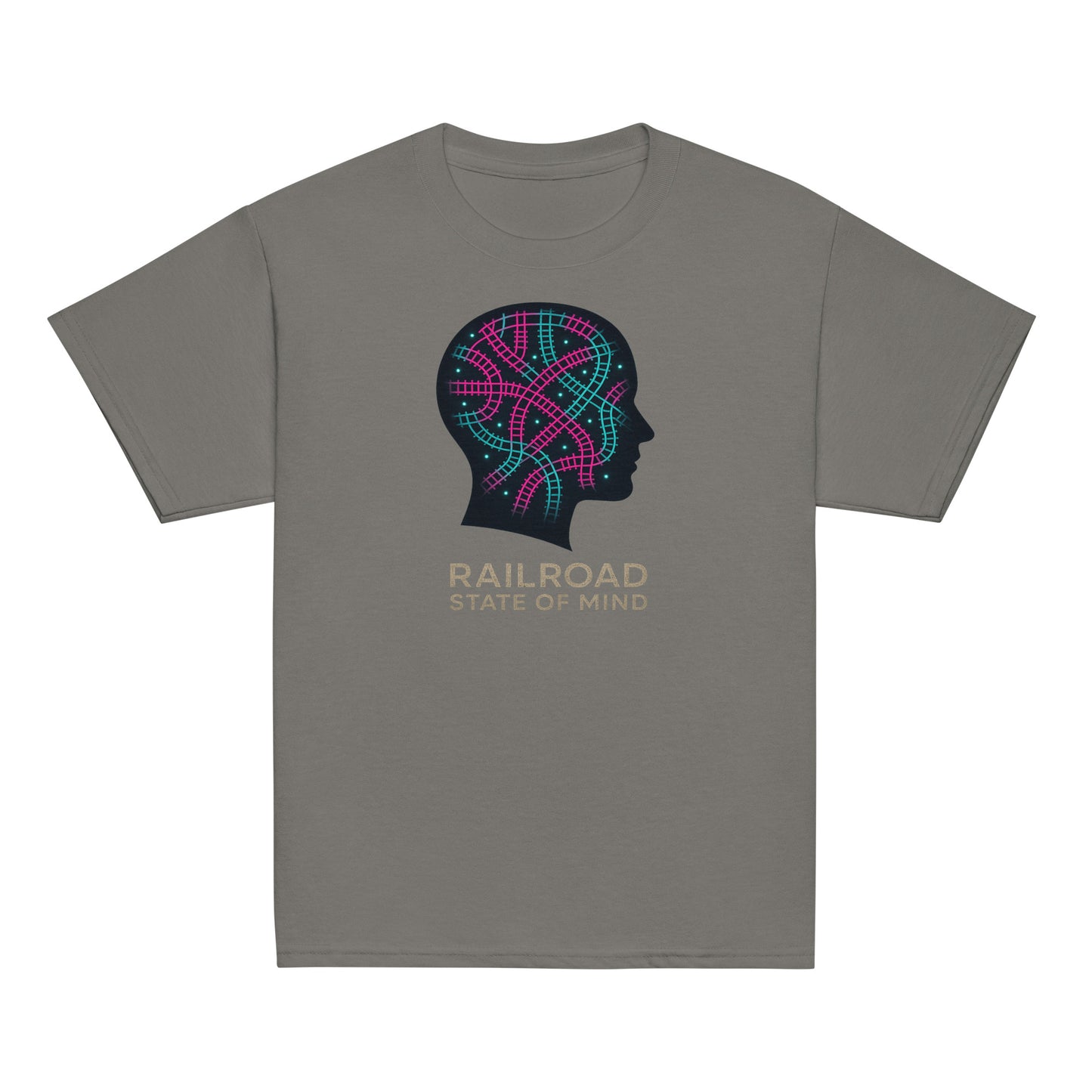 Gray t-shirt with a colorful head design and 'Railroad State of Mind' text on a white background