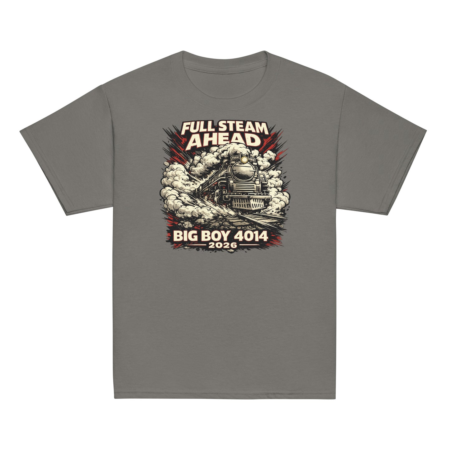Gray t-shirt with a graphic of a steam locomotive and text on a white background