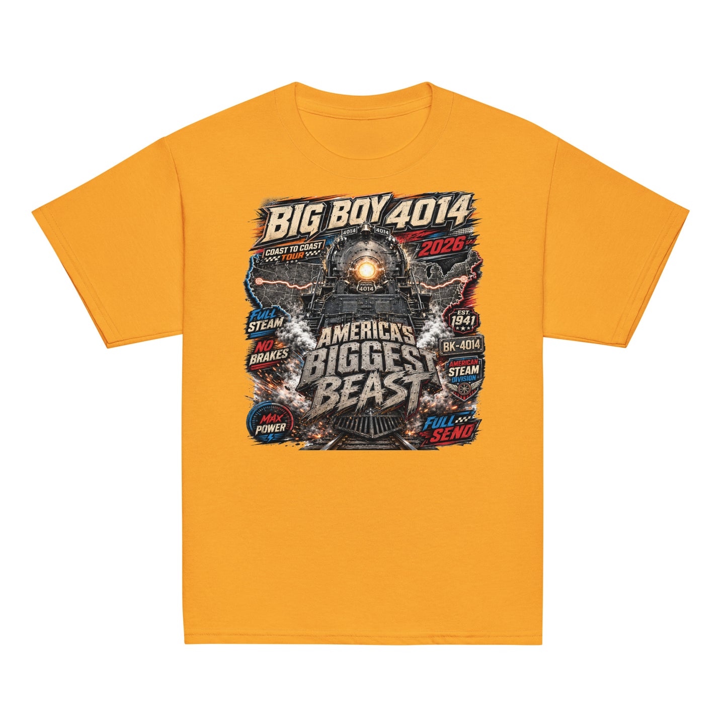 Youth yellow t-shirt featuring a high-energy, colorful graphic of the Big Boy 4014 steam locomotive backed by a US map, with bold text reading "BIG BOY 4014", "COAST TO COAST TOUR 2026", "AMERICA'S BIGGEST BEAST", "FULL STEAM", "NO BRAKES", "MAX POWER", and "FULL SEND".