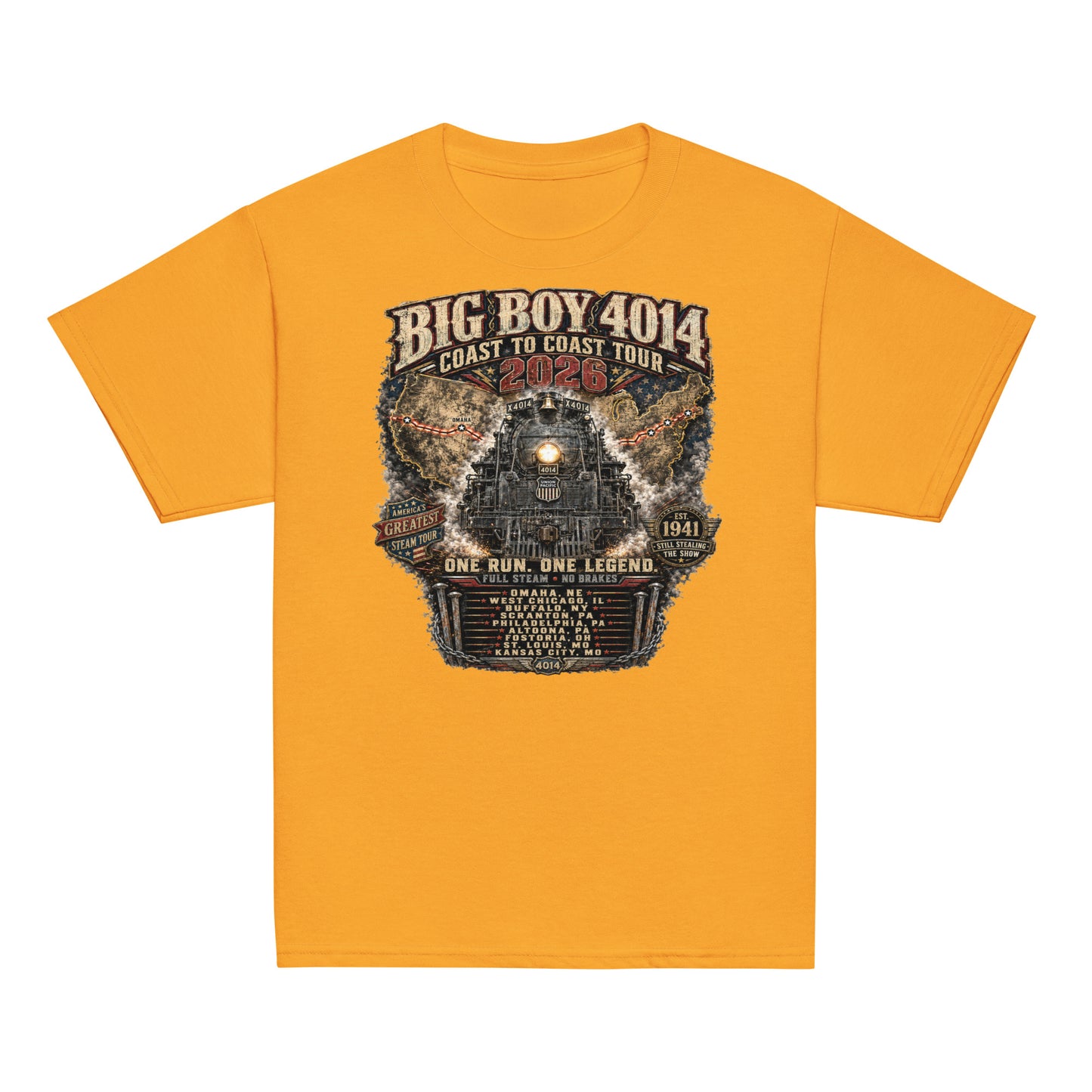 Youth gold t-shirt featuring a highly detailed vintage graphic of the Big Boy 4014 steam locomotive facing forward. Behind the train is a map of the United States showing the 2026 tour route. Text reads "BIG BOY 4014", "COAST TO COAST TOUR 2026", "ONE RUN. ONE LEGEND.", and "FULL STEAM - NO BRAKES". The graphic includes badges for "America's Greatest Steam Tour" and "Est 1941", along with a roster of the nine tour stops.