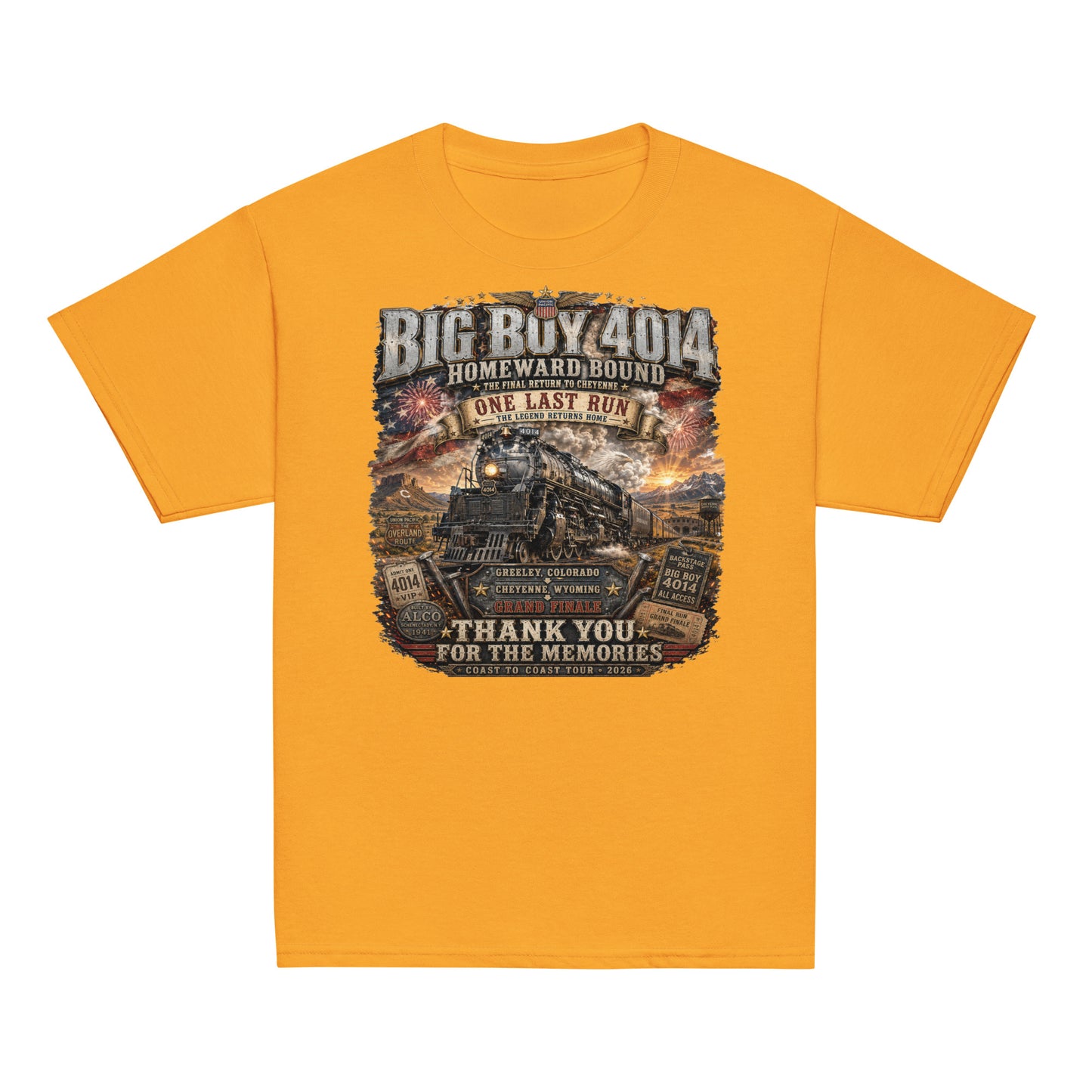 Youth gold t-shirt featuring an intricate graphic of the Big Boy 4014 steam locomotive charging through a western landscape with a sunset and fireworks in the sky. Text reads "BIG BOY 4014", "HOMEWARD BOUND", "THE FINAL RETURN TO CHEYENNE", "ONE LAST RUN", and "THANK YOU FOR THE MEMORIES". The design includes vintage ticket stubs and lists Greeley, Colorado and Cheyenne, Wyoming for the Grand Finale of the Coast to Coast Tour 2026.