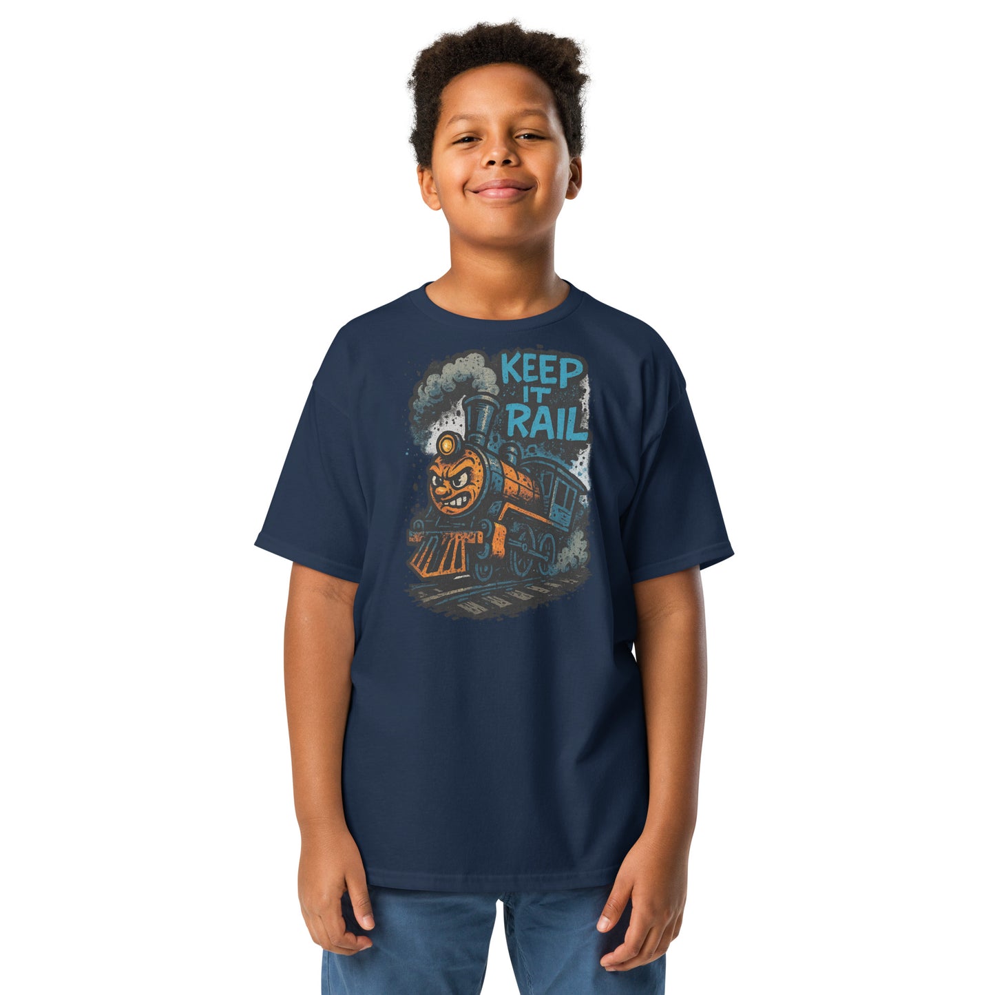 Child wearing a navy blue t-shirt with a train graphic and text on a white background