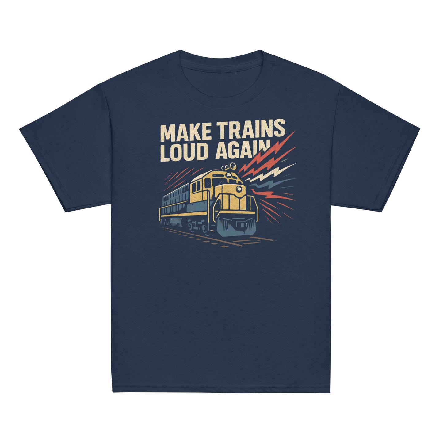 Navy blue t-shirt with a train graphic and text 'Make Trains Loud Again' on a white background