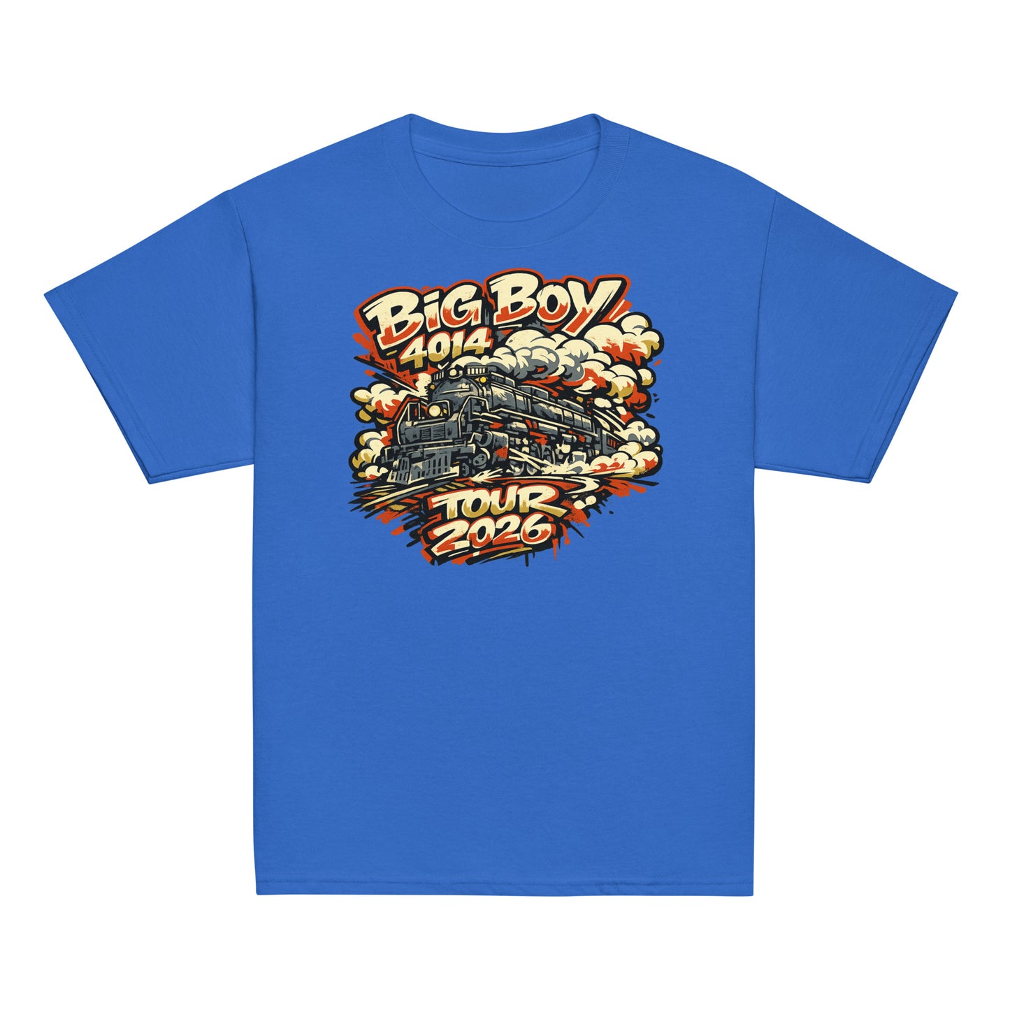 Blue t-shirt with a train graphic and text on a white background