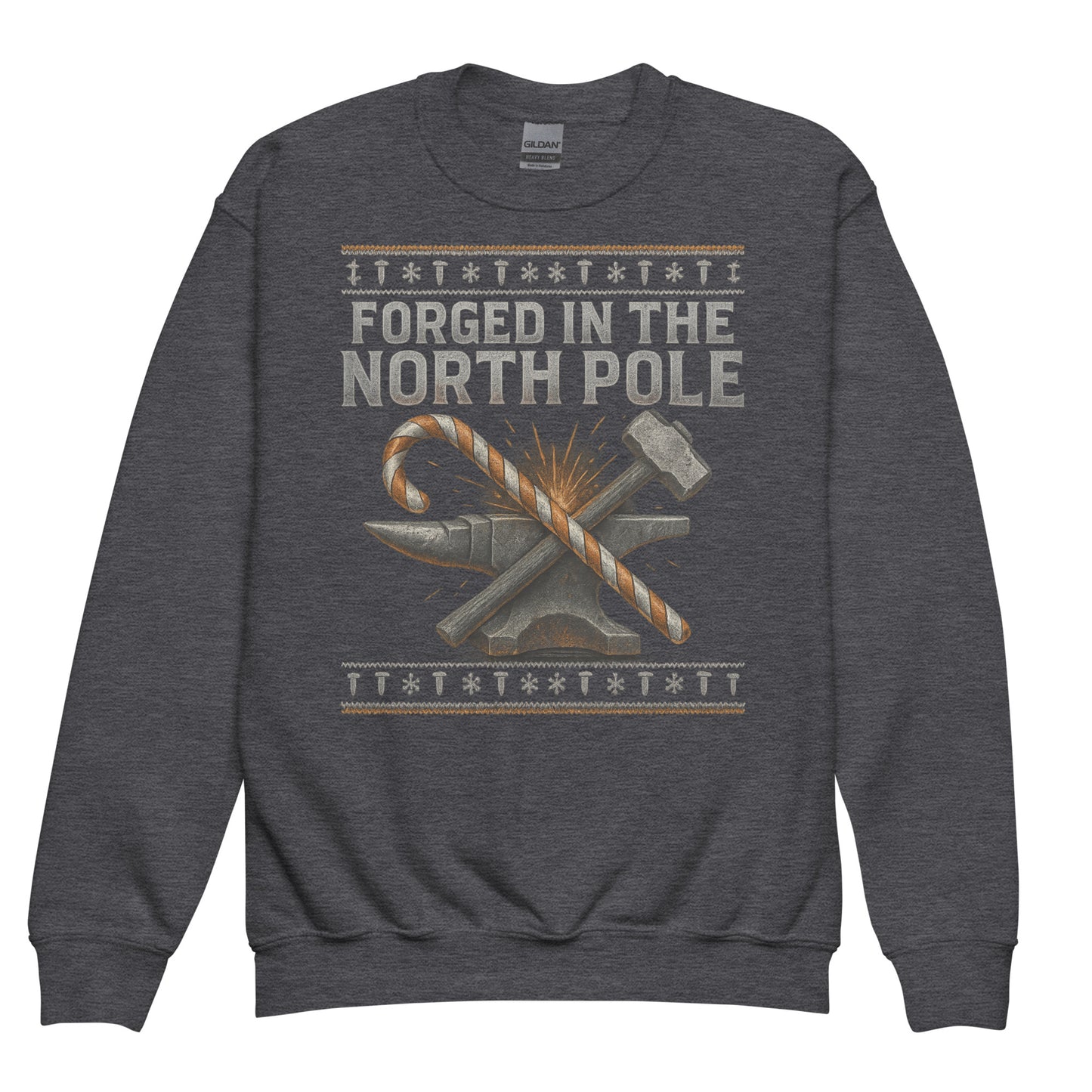Dark gray sweatshirt with 'Forged in the North Pole' text and graphic on a white background