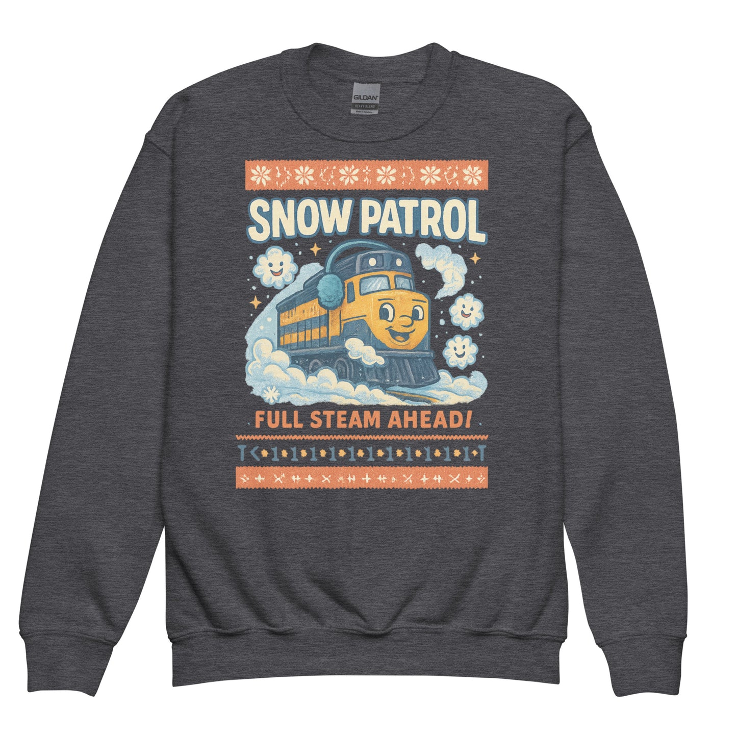 Gray sweatshirt with a train graphic and text on a white background