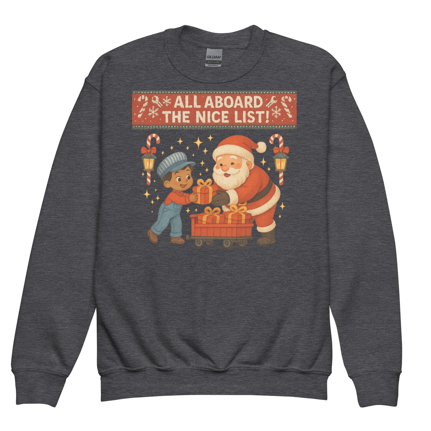 Dark gray sweatshirt with Christmas-themed graphic featuring Santa and a child, and text 'All Aboard the Nice List!'.