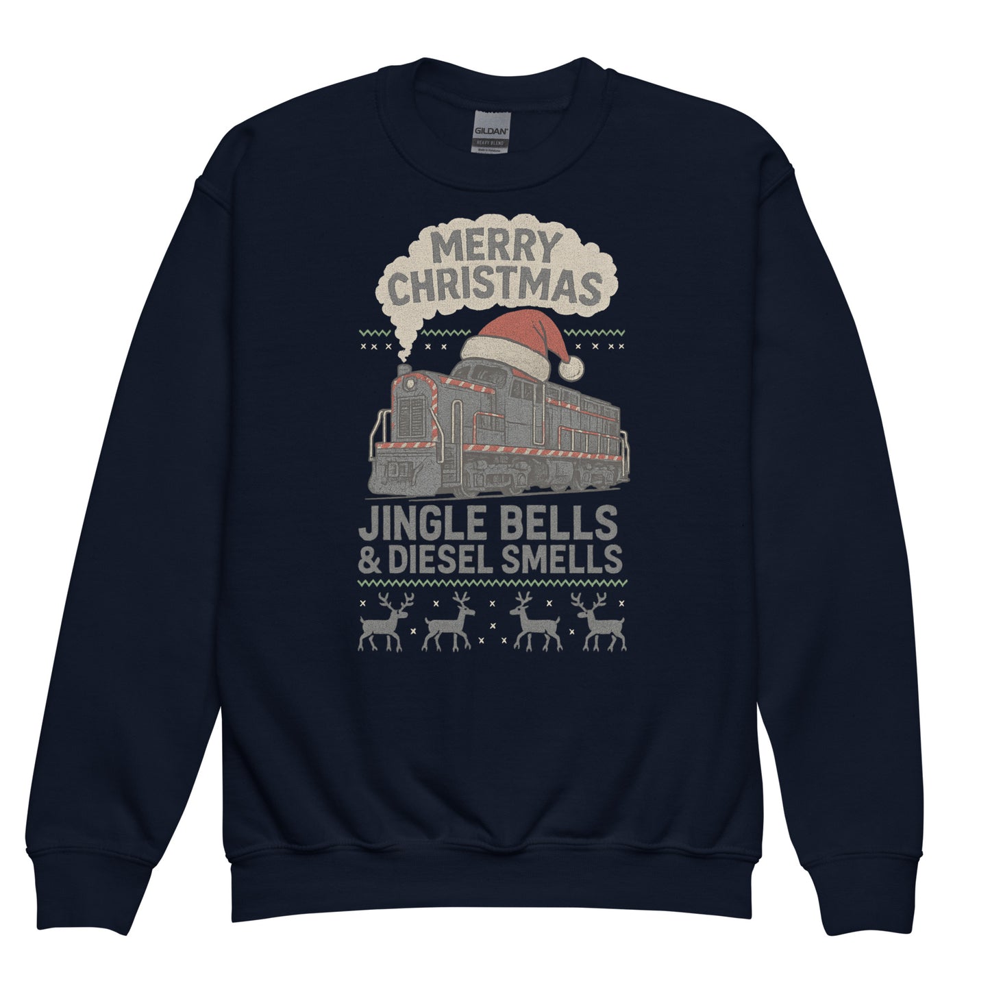 Navy blue sweatshirt with Christmas train design and text on a white background