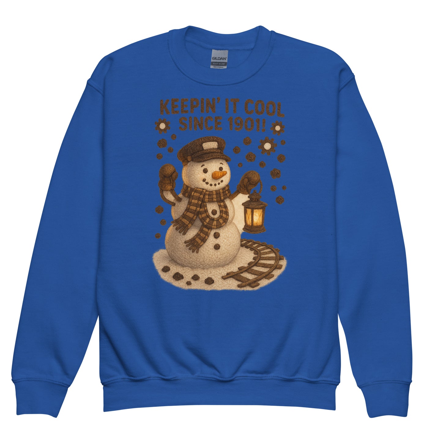 Blue sweatshirt with a snowman graphic and text on a white background