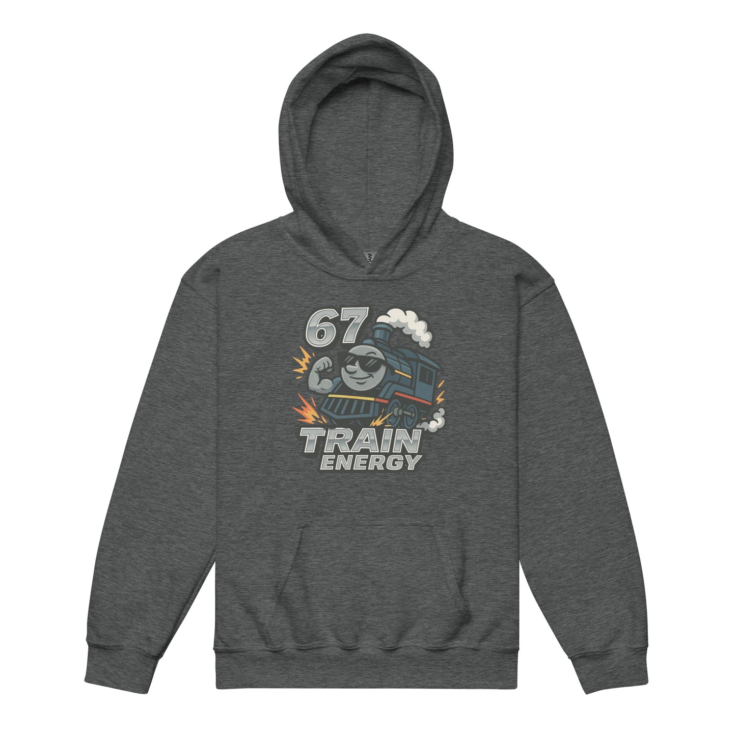 Gray hoodie with a train graphic and text on a white background