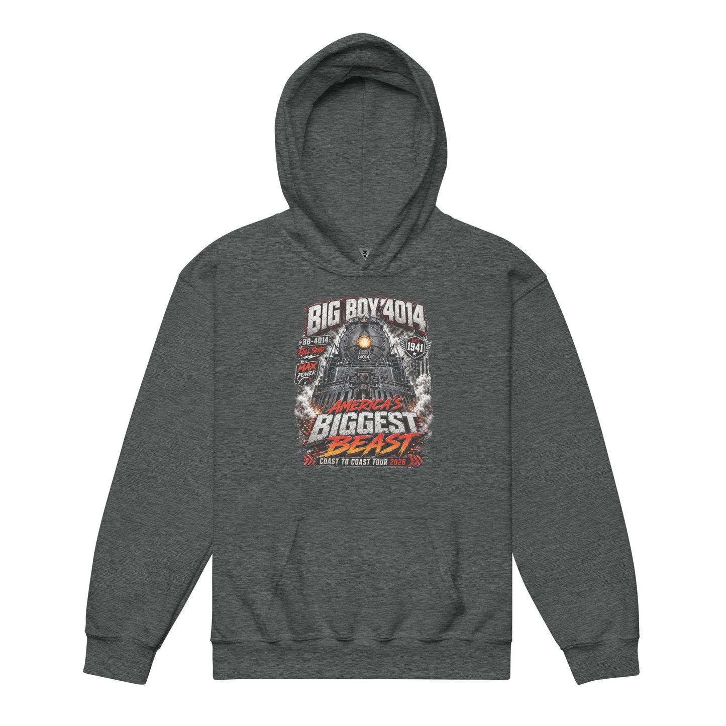 A gray pullover hoodie displayed on a plain white background, featuring a large chest graphic of a steam locomotive head-on with text that reads BIG BOY 4014, 1941, AMERICA'S BIGGEST BEAST, and COAST TO COAST TOUR 2026.