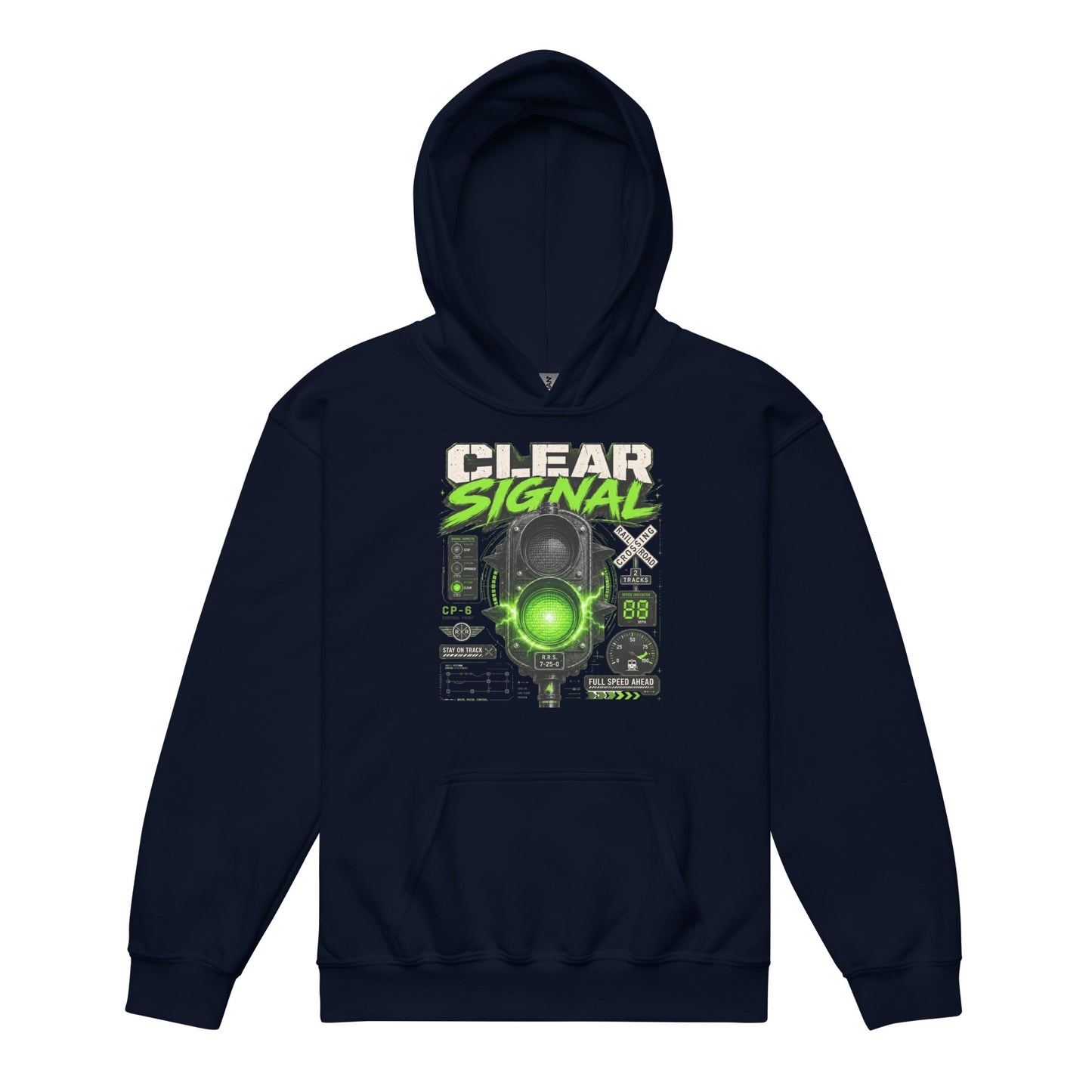 a navy pullover hoodie featuring a bold graphic with the words CLEAR SIGNAL in white and neon green above an electrified green train signal, railroad crossing signs, and technical dials.