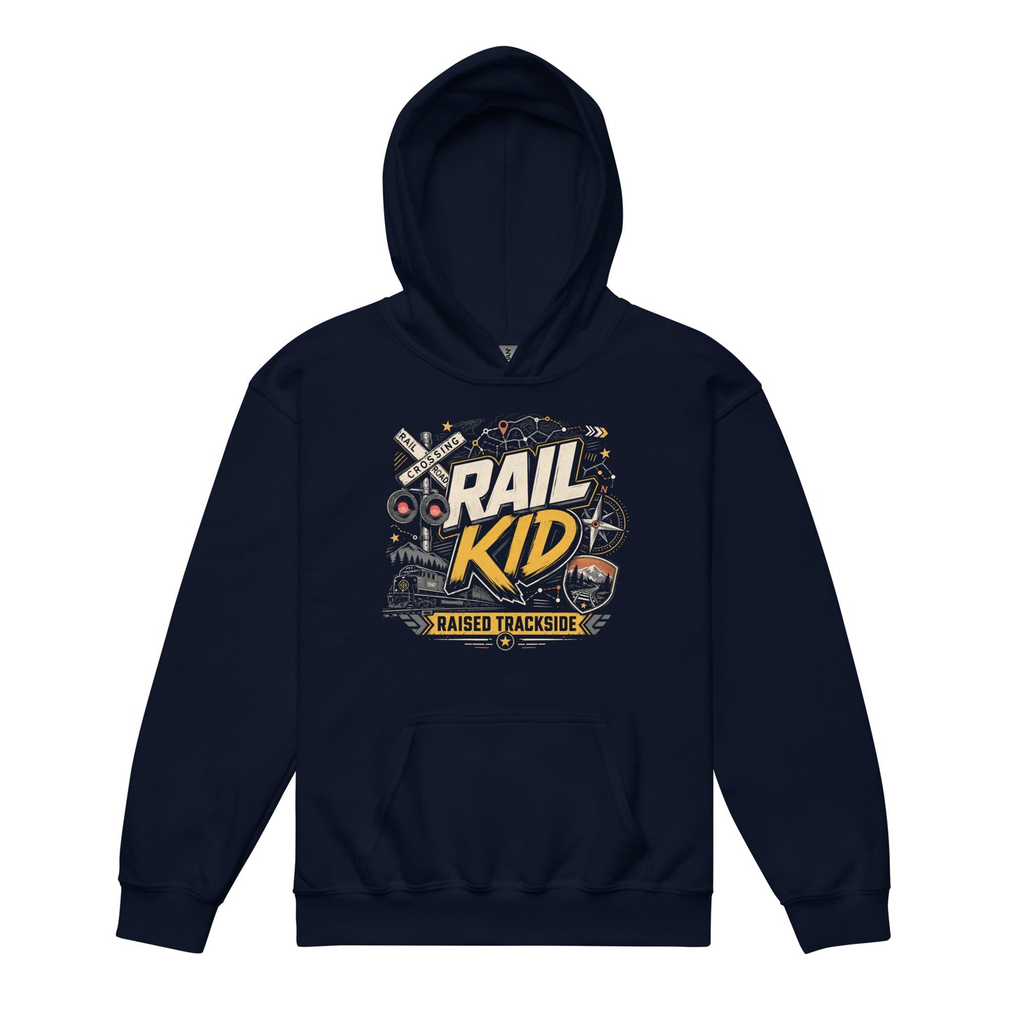 Navy pullover hoodie featuring an adventure-style graphic with the text RAIL KID and RAISED TRACKSIDE, surrounded by illustrations of a railroad crossing sign, a train in the mountains, map lines, and a compass.