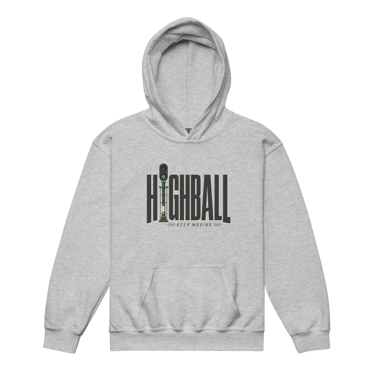 A gray pullover hoodie displayed on a plain white background, featuring a chest graphic with the word HIGHBALL in tall grey letters, where the letter I is a green railroad signal, sitting above the text KEEP MOVING.