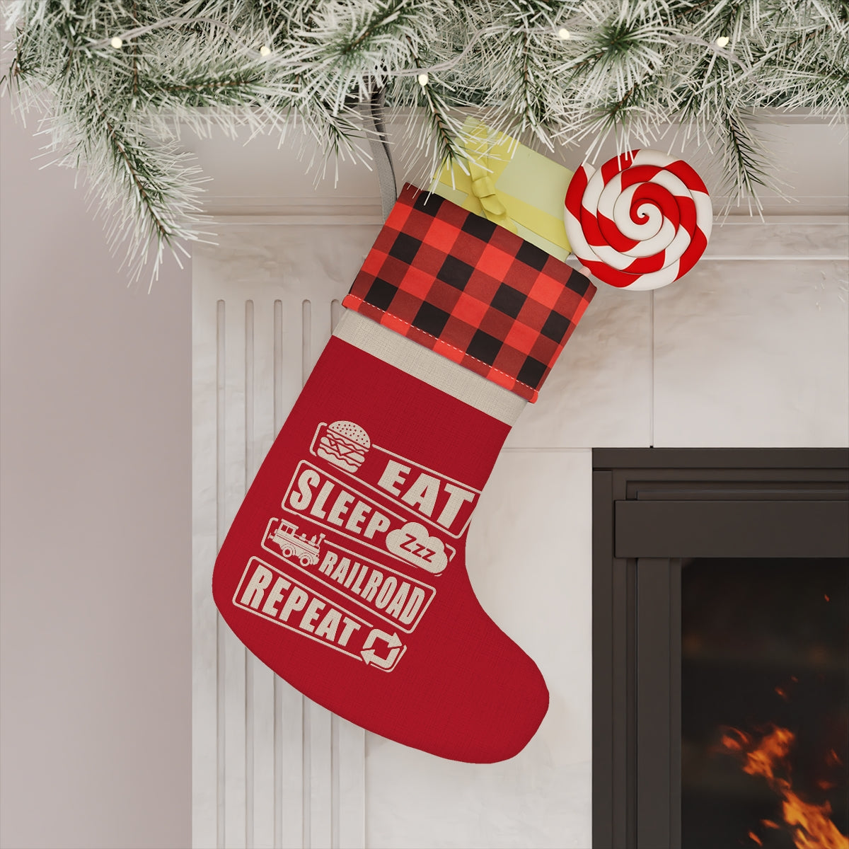 Eat Sleep Railroad Repeat Christmas Stocking - Broken Knuckle Apparel