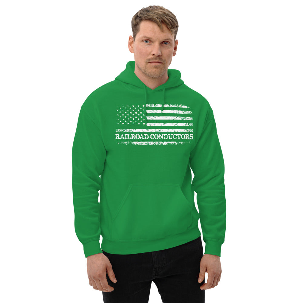 Railroad Conductor American Flag Pullover Unisex Hoodie - Broken Knuckle Apparel