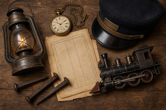 Railroad lantern, pocket watch, conductor's cap, spikes and a toy steam locomotive on a wooden table