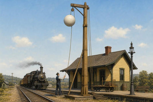 Steam train at a small depot with a ball signal raised on a pole beside the tracks