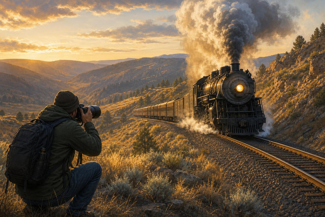 Railfan photographer kneeling with a camera as a steam locomotive approaches through hills at sunrise