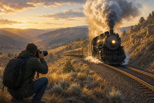 Railfan photographer kneeling with a camera as a steam locomotive approaches through hills at sunrise