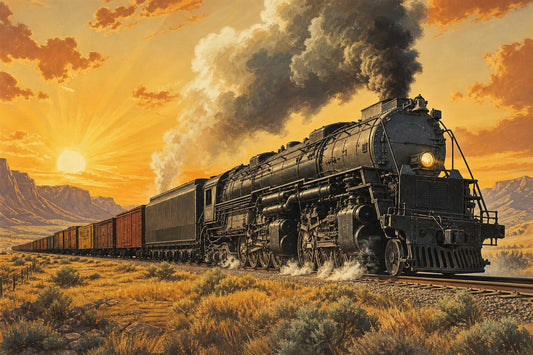 Illustration of a Union Pacific Big Boy steam locomotive pulling a freight train through a desert at sunset