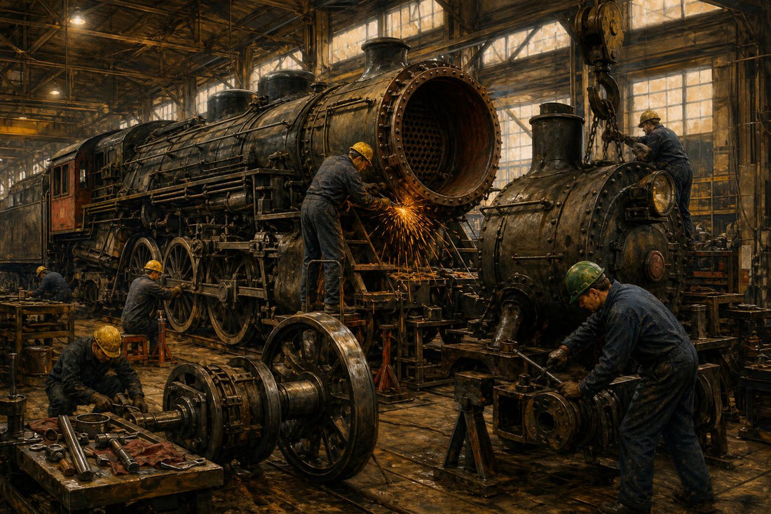 Workers repairing a large steam locomotive in a busy railroad shop