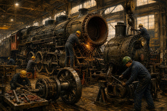 Workers repairing a large steam locomotive in a busy railroad shop