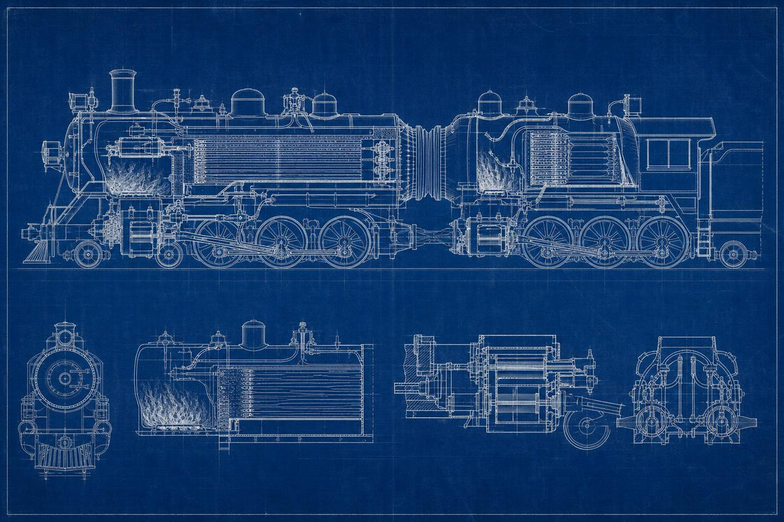 Blueprint-style technical drawing of a steam locomotive showing side view and cutaway details