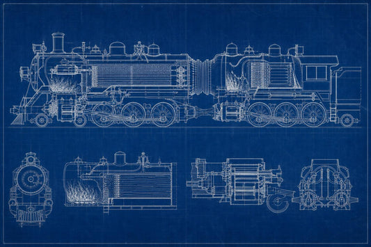 Blueprint-style technical drawing of a steam locomotive showing side view and cutaway details