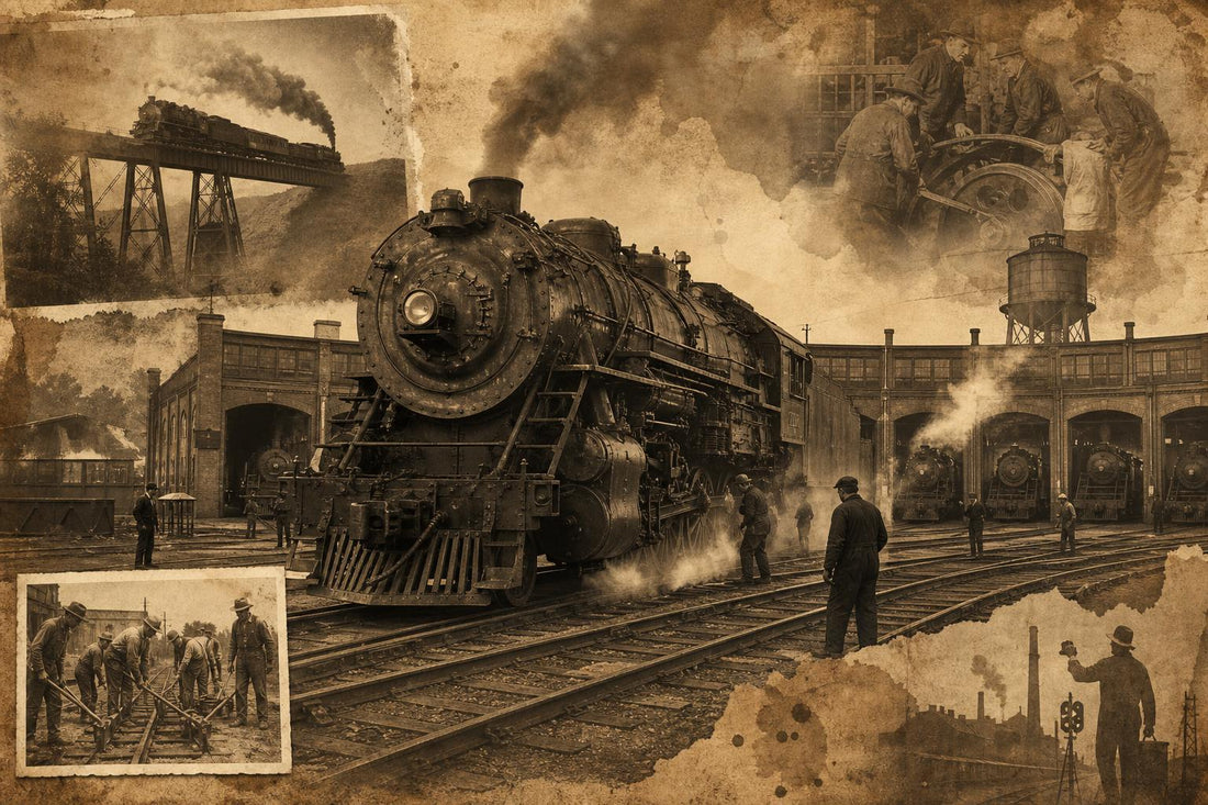 Vintage sepia collage of a steam locomotive at a roundhouse with old railroad photographs
